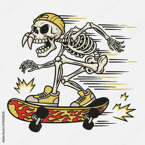 Fototapeta Cool skeleton skateboarding cartoon vector illustration with flaming skateboard