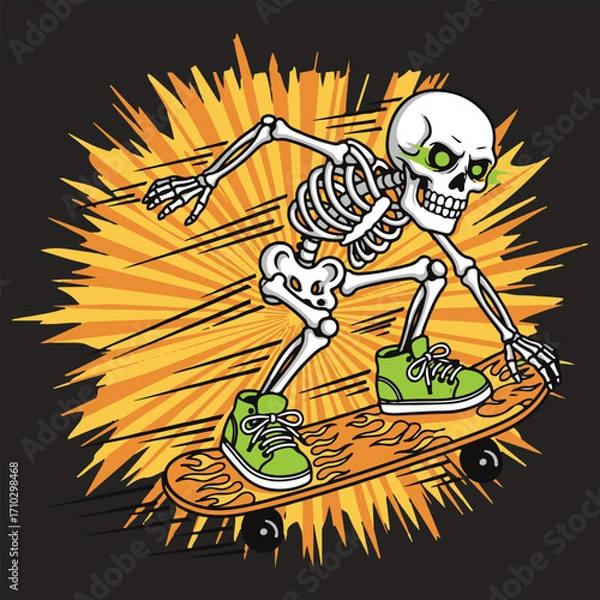 Fototapeta Cool skeleton skateboarding cartoon vector illustration with flaming skateboard