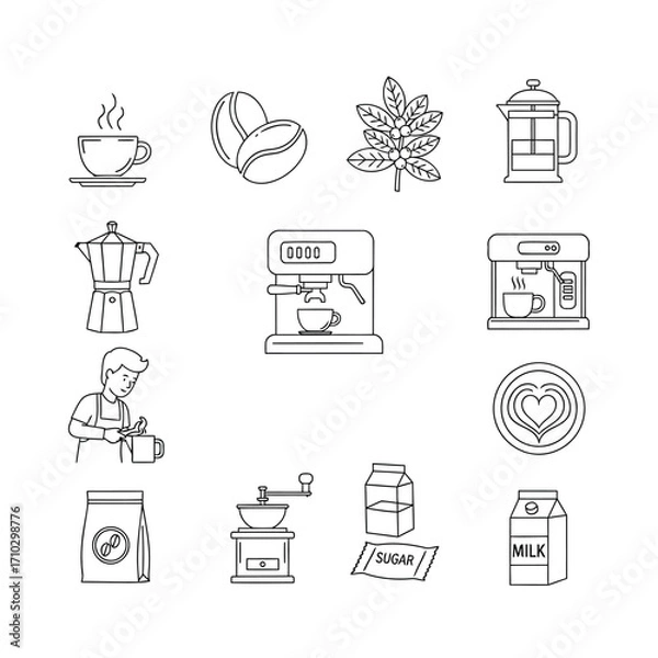 Fototapeta Line art icons depicting various coffee-related items and processes, including brewing equipment, ingredients, and a barista preparing a drink.