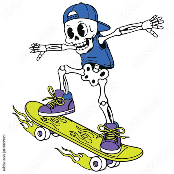 Fototapeta Cartoon Skeleton Skateboarding on Flaming Skateboard Vector Illustration