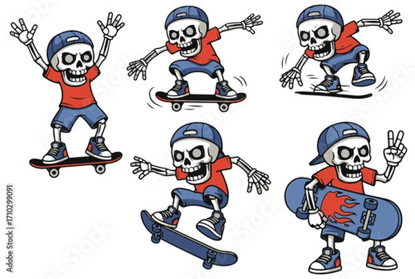 Fototapeta Cool skeleton skateboarding cartoon vector illustration with flaming skateboard