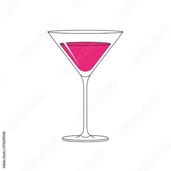 Fototapeta A detailed line drawing of a martini glass filled with a vibrant pink liquid.