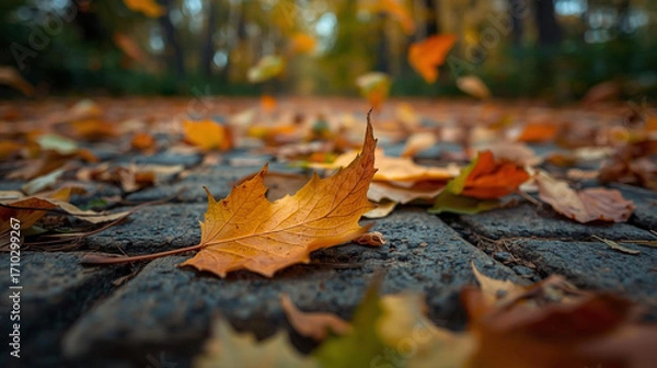 Fototapeta Autumn leaves falling to the ground, created with Generative AI.