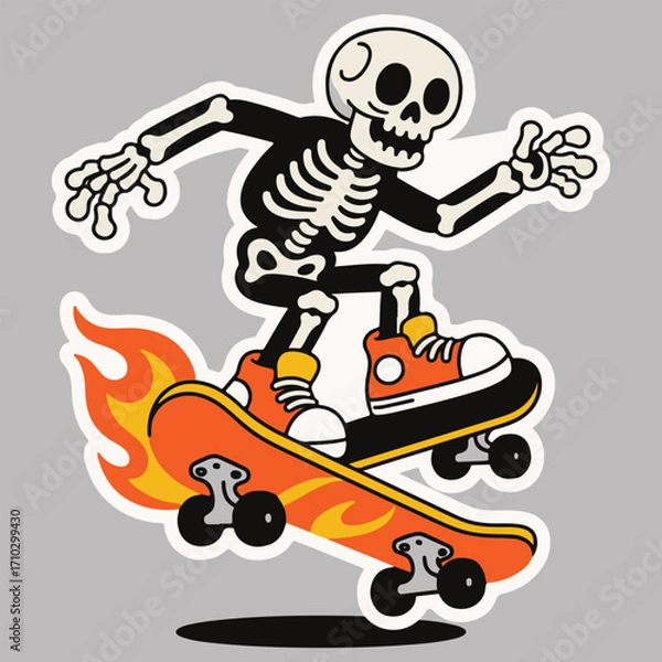 Fototapeta Cartoon Skeleton Skateboarding on Flaming Skateboard Vector Illustration