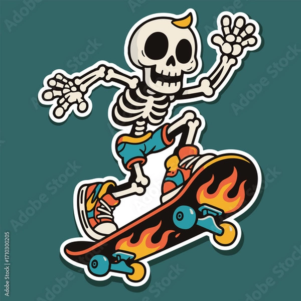 Fototapeta Cartoon Skeleton Skateboarding on Flaming Skateboard Vector Illustration