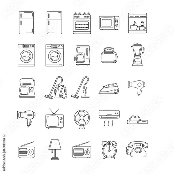 Fototapeta Collection of household appliances and electronic devices, outlined in a simple, clean style.