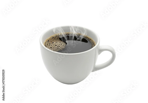 Obraz Hot brewed coffee in a white cup with steam rising, isolated on a clean background