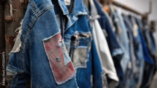Fototapeta Rack of vintage denim jackets with repair patches. Sustainable and recycled fashion shows collection of blue second hand clothing hanging in row for nostalgic feel