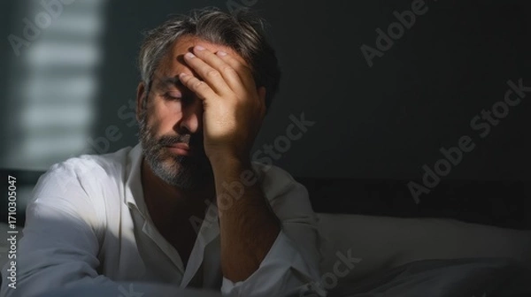 Fototapeta Depressed middle aged man sitting alone in dark bedroom with dramatic shadow and light on his face, feeling despair, stress, anxiety, and loneliness from mental health issue