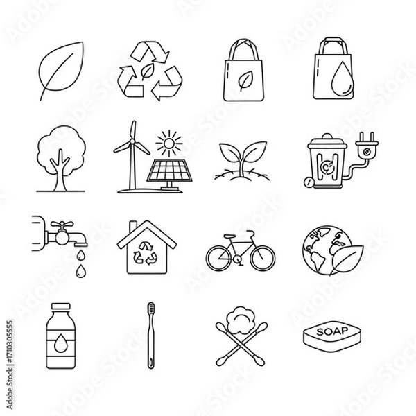 Fototapeta A collection of sixteen line icons representing concepts of sustainability, ecology, and environmentally friendly living, including recycling and renewable energy.