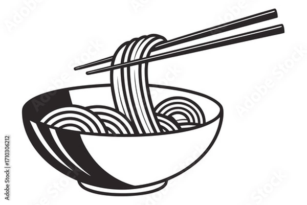 Fototapeta Stylized black and white illustration of noodles being picked up with chopsticks from a bowl