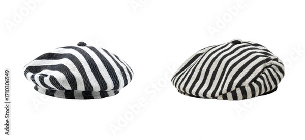 Fototapeta Close-up of striking striped berets in fashion store showcase