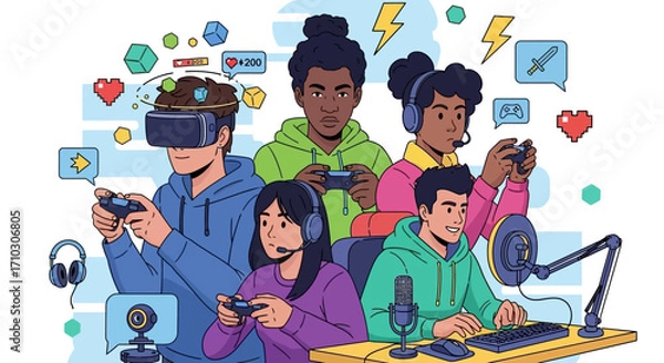 Fototapeta Group of diverse young adults enjoying video games.