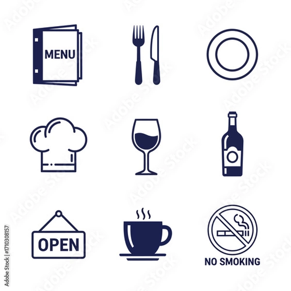 Fototapeta A collection of nine blue line icons representing various aspects of a restaurant, including menu, cutlery, chef's hat, drinks, and signs.