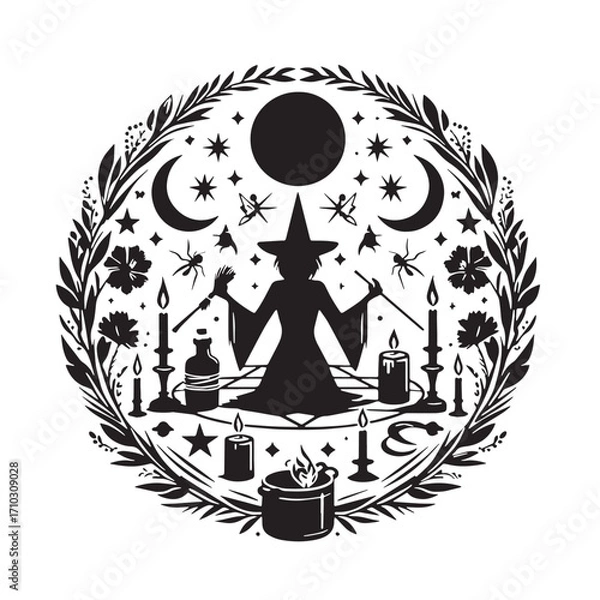 Obraz Black Witch Circle Ritual Silhouette Vector Illustration design, Solid White Background