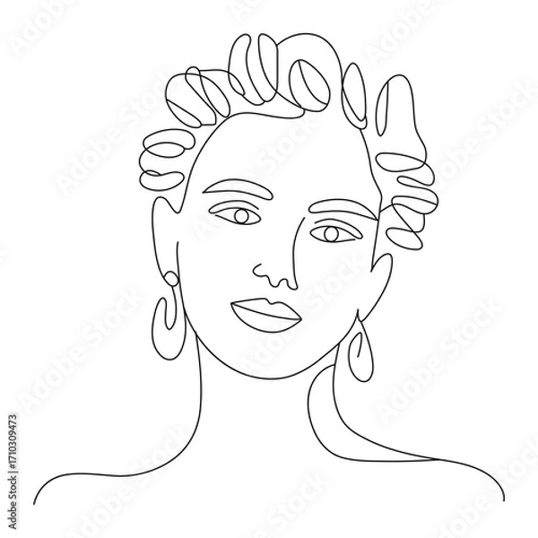 Fototapeta Minimalist outline drawing of a woman s face with curly hair and earrings