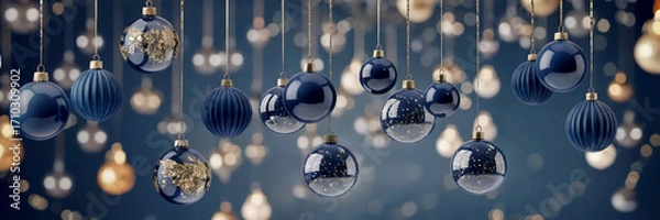 Fototapeta Christmas background with dark blue and golden baubles. 