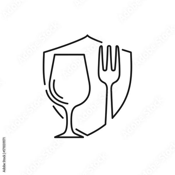 Fototapeta Monoline icon depicting a wine glass and a fork inside a shield, representing food safety, hygiene, and quality standards in dining.