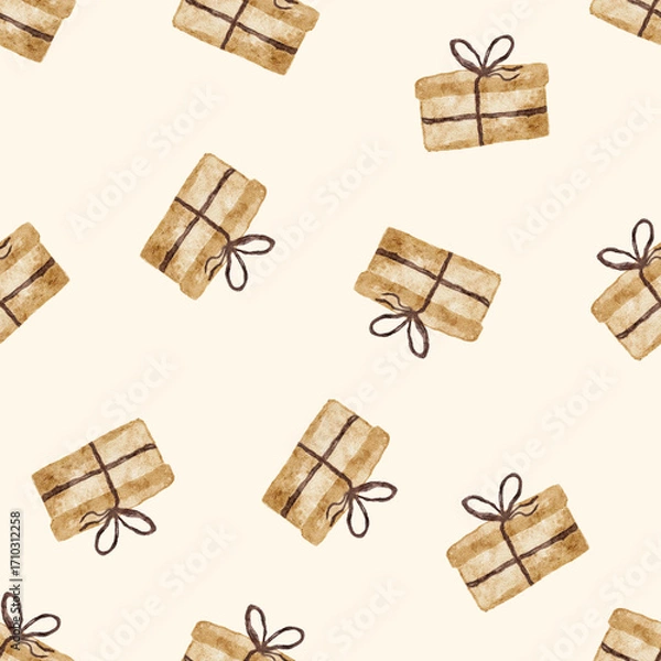 Fototapeta Packages tied with string, wrapping paper seamless pattern for birthday or christmas holiday design.