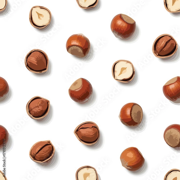 Fototapeta A seamless pattern of whole and halved hazelnuts scattered on a white background, showcasing their textured shells and edible kernels.