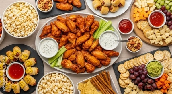 Fototapeta Delicious Game Day Snack Spread Featuring Chicken Wings, and Appetizers