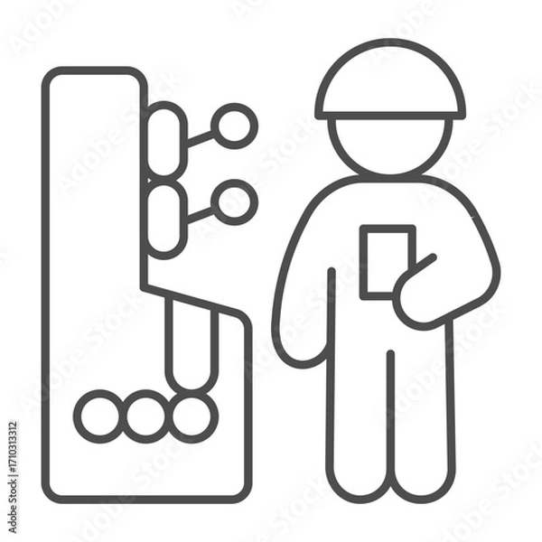 Fototapeta Man, worker at control panel with levers thin line icon, manufacturing concept, factory operator sign on white background, outline style icon for mobile and web design. Vector graphics.
