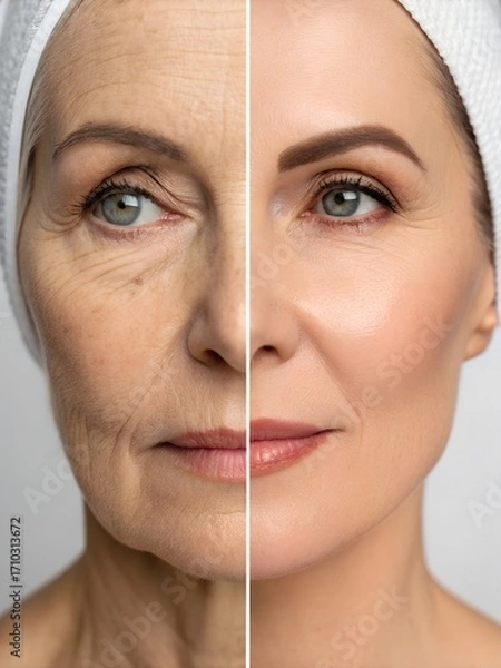 Fototapeta Before and After Eyelid and Facelift Surgery – Dramatic Eye Lift and Facial Rejuvenation Transformation