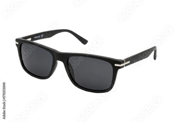 Fototapeta Stylish black sunglasses with a sleek design, resting on a reflective surface, ideal for summer fashion