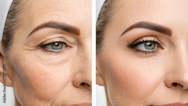 Fototapeta Before and After Eyelid and Facelift Surgery – Dramatic Eye Lift and Facial Rejuvenation Transformation