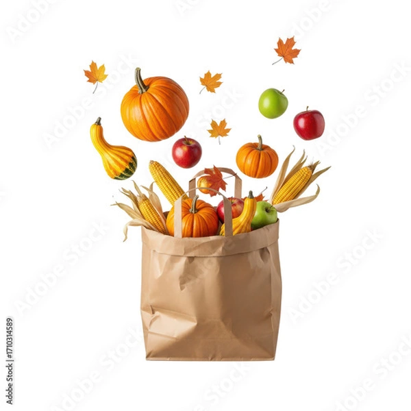 Fototapeta Vibrant assortment of autumn fruits and vegetables spilling from a paper bag against a white background