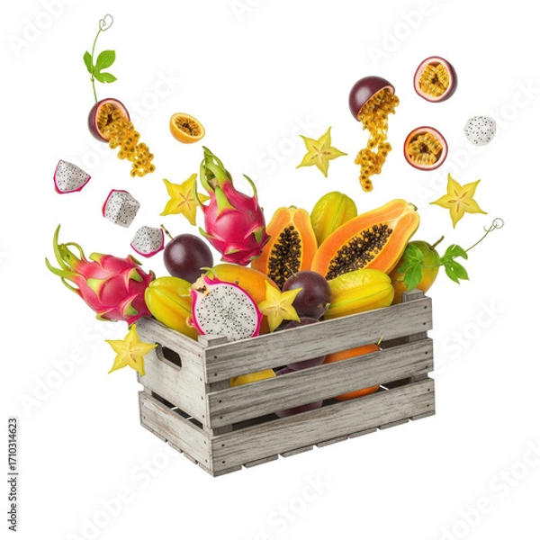 Fototapeta Vibrant assortment of exotic fruits bursting from a rustic wooden crate, showcasing freshness and variety