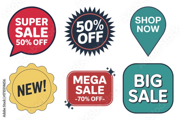 Fototapeta Sale sticker and promotion label set with bold badge, speech bubble, starburst and map pin shapes for online shop, vector