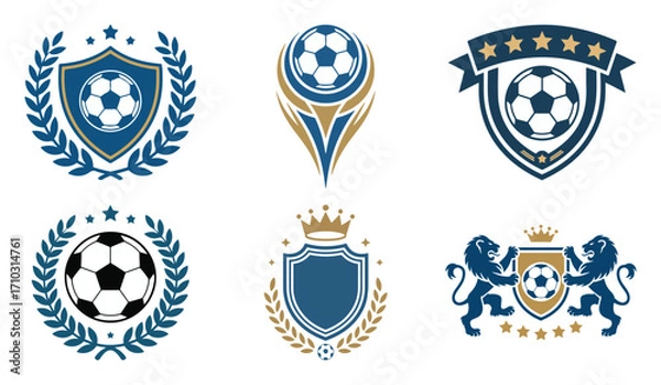 Fototapeta Soccer trophy and shield emblem set with laurel wreath, crown, star ribbon and lion crest for club identity design, vector