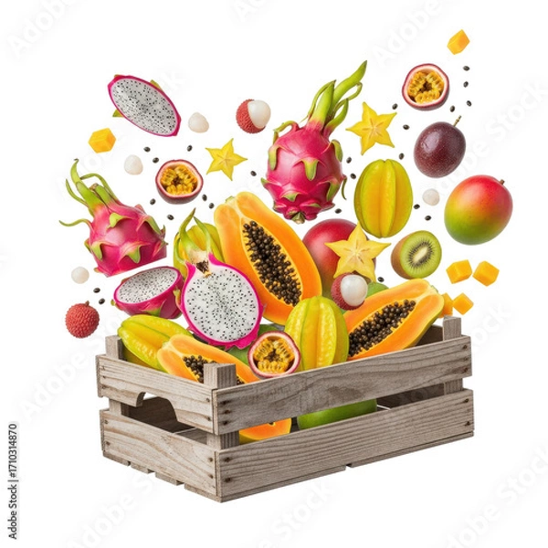 Fototapeta Vibrant assortment of exotic fruits bursting from a wooden crate, showcasing tropical colors and textures