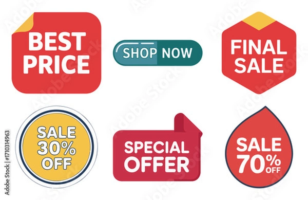Fototapeta Best price and final sale badge pack with sticker, tag, hexagon, droplet and round label elements for retail promo, vector
