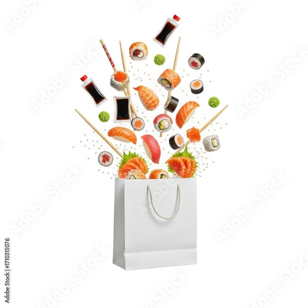 Fototapeta Vibrant assortment of sushi rolls and ingredients bursting from a white takeout bag against a clean backdrop