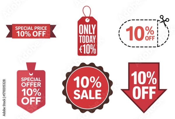 Fototapeta Ten percent sale and special offer badge set with ribbon, tag, dashed coupon, round seal and arrow icons for marketing, vector