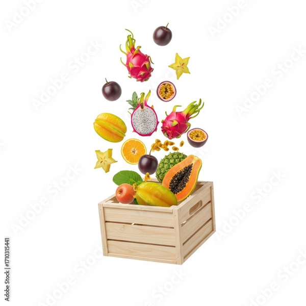 Fototapeta Vibrant assortment of tropical fruits bursting from a wooden crate against a clean, white backdrop