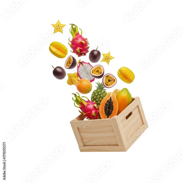 Fototapeta Vibrant assortment of tropical fruits floating above a wooden crate, showcasing freshness and color