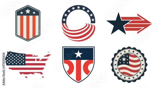 Fototapeta Patriotic usa badge and emblem set with star, stripe, shield, map silhouette and circular seal in red, white and blue, vector