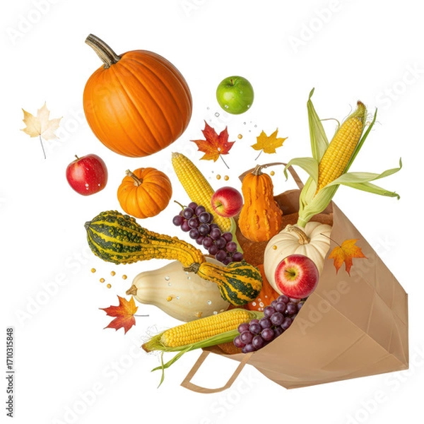 Fototapeta Vibrant autumn harvest featuring pumpkins, squash, and apples spilling from a paper bag amidst colorful leaves