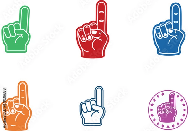 Fototapeta Foam finger number one hand icon set in colorful outline style for sport fan sign, sticker and badge design, vector