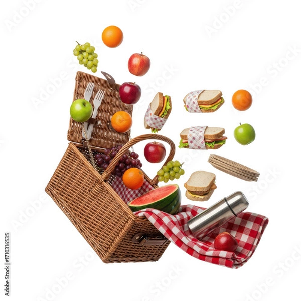 Fototapeta Vibrant picnic basket overflowing with assorted fruits, sandwiches, and drinks against a white backdrop