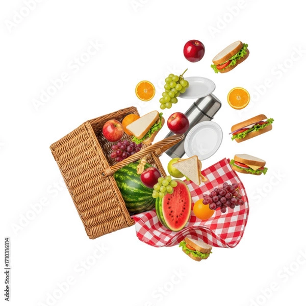 Fototapeta Vibrant picnic basket overflowing with fresh fruits, sandwiches, and drinks on a checkered blanket