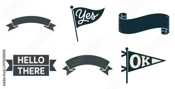 Fototapeta Retro ribbon banner and pennant flag set with hello there and yes text for headline, tag and label design, vector