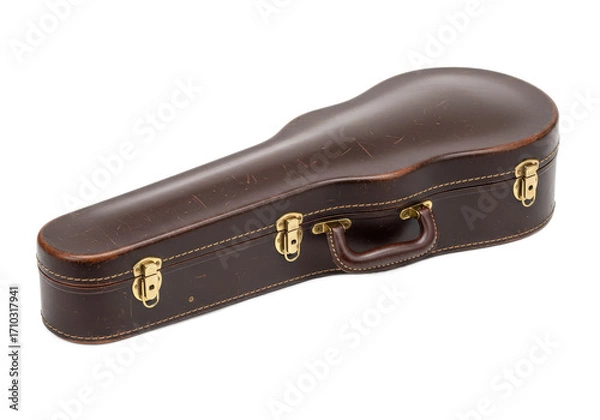 Fototapeta Vintage brown guitar case resting on a white surface, showcasing its elegant design and craftsmanship