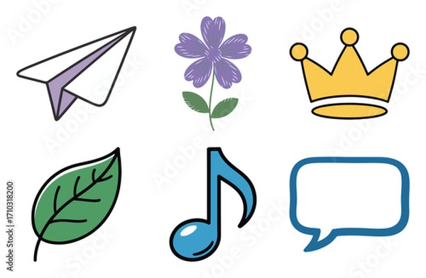 Fototapeta Hand drawn icon set with paper plane, flower, crown, leaf, music note and chat bubble for sticker and app design, vector