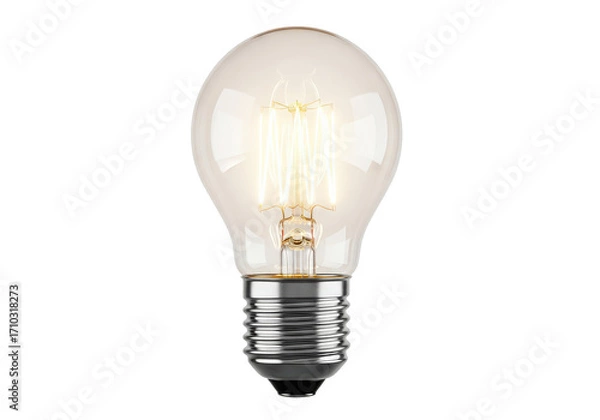 Fototapeta Vintage light bulb glowing brightly, showcasing its filament in a clean, isolated setting
