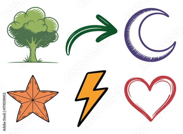 Fototapeta Hand drawn symbol set with tree, curved arrow, crescent moon, star, lightning bolt and heart for playful graphic design, vector