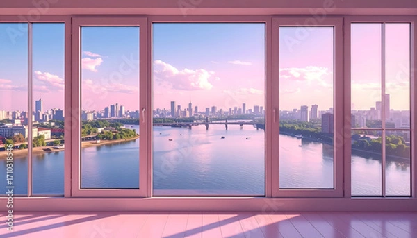Fototapeta A view from an indoor window of the river and cityscape at sunset, dyed pink.
